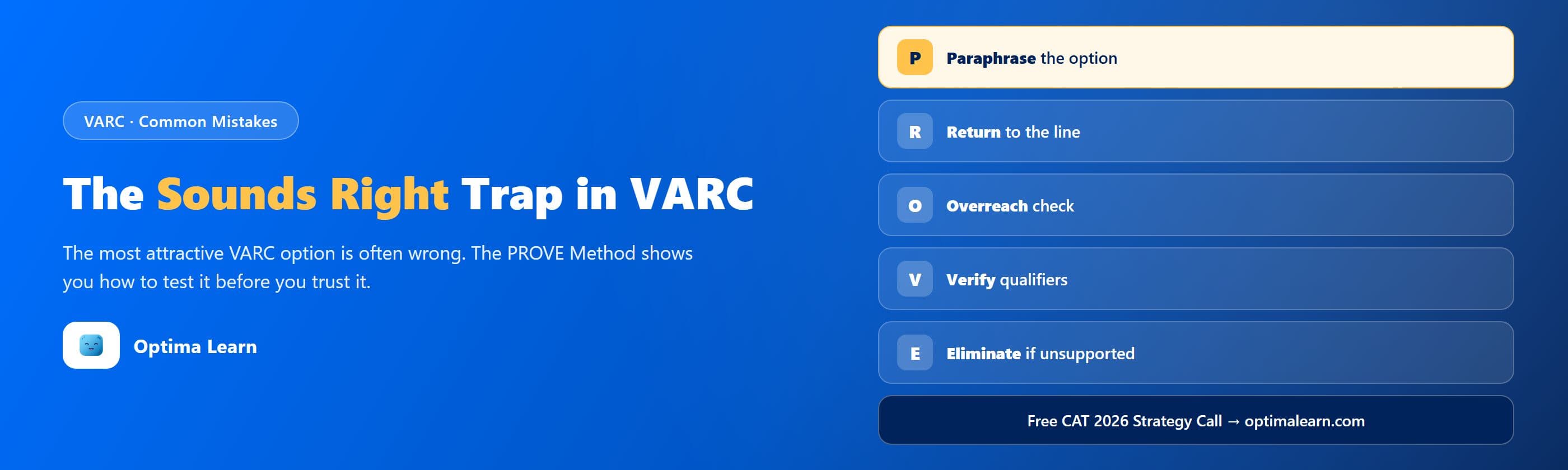 Optima Learn hero banner: "The Sounds Right Trap in VARC," introducing the 5-step PROVE Method for testing CAT VARC answer choices before trusting them.