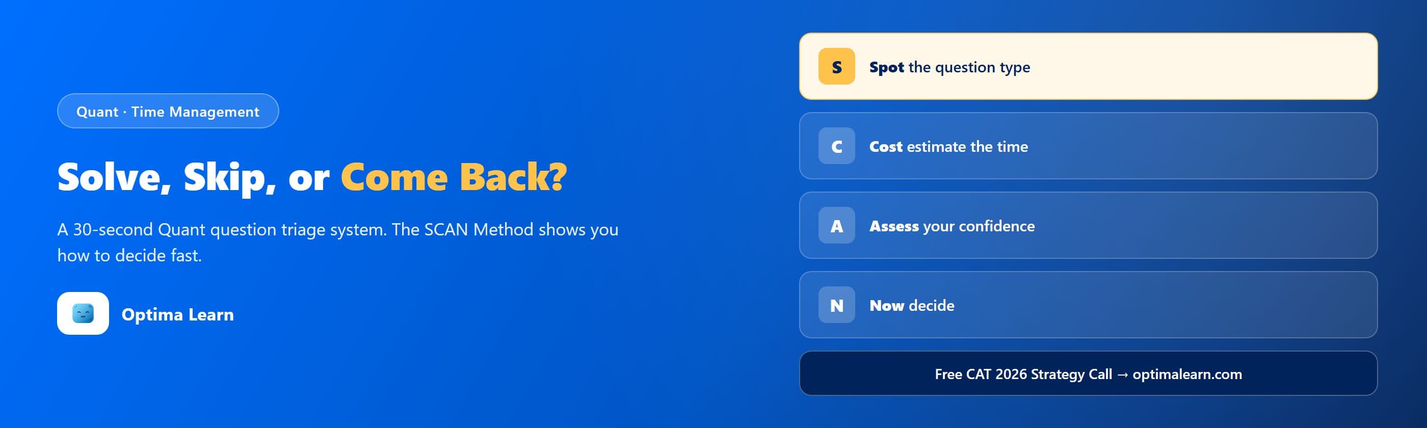 Optima Learn hero banner: "Solve, Skip, or Come Back?," introducing the 4-step SCAN Method for triaging CAT Quant questions in 30 seconds.