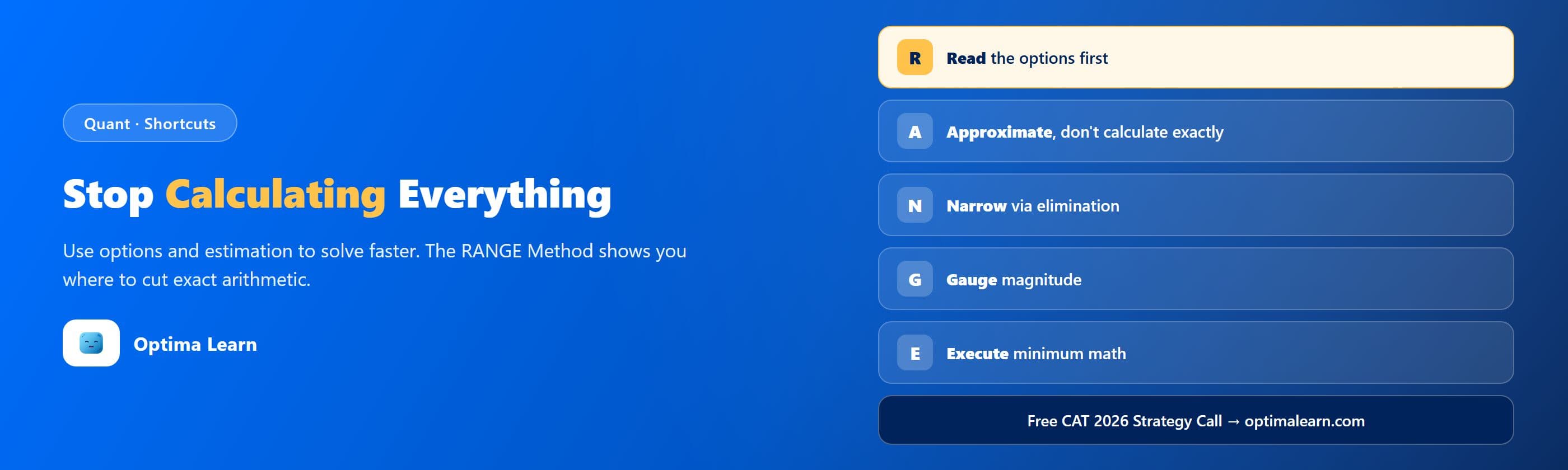 Optima Learn hero banner: "Stop Calculating Everything," introducing the 5-step RANGE Method for CAT Quant estimation and answer-choice elimination.