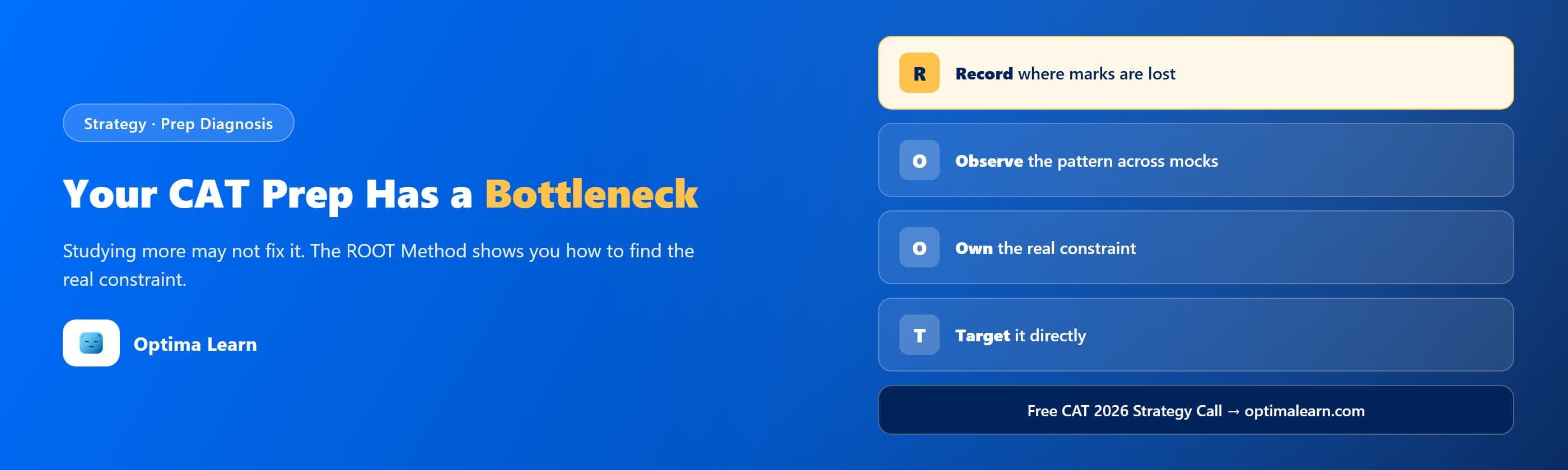 Optima Learn hero banner: "Your CAT Prep Has a Bottleneck," introducing the 4-step ROOT Method for diagnosing the real constraint behind a score plateau.