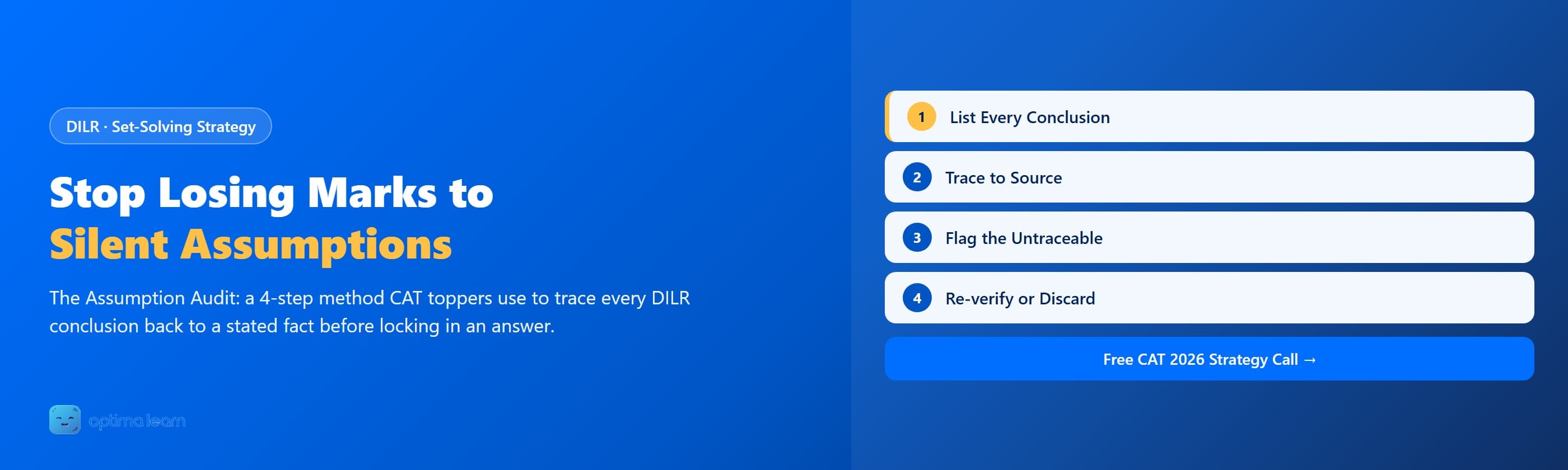 Optima Learn hero graphic for The DILR Assumption Audit: brand-blue banner introducing a 4-step method (List Every Conclusion, Trace to Source, Flag the Untraceable, Re-verify or Discard) for catching silent assumptions in CAT DILR sets.