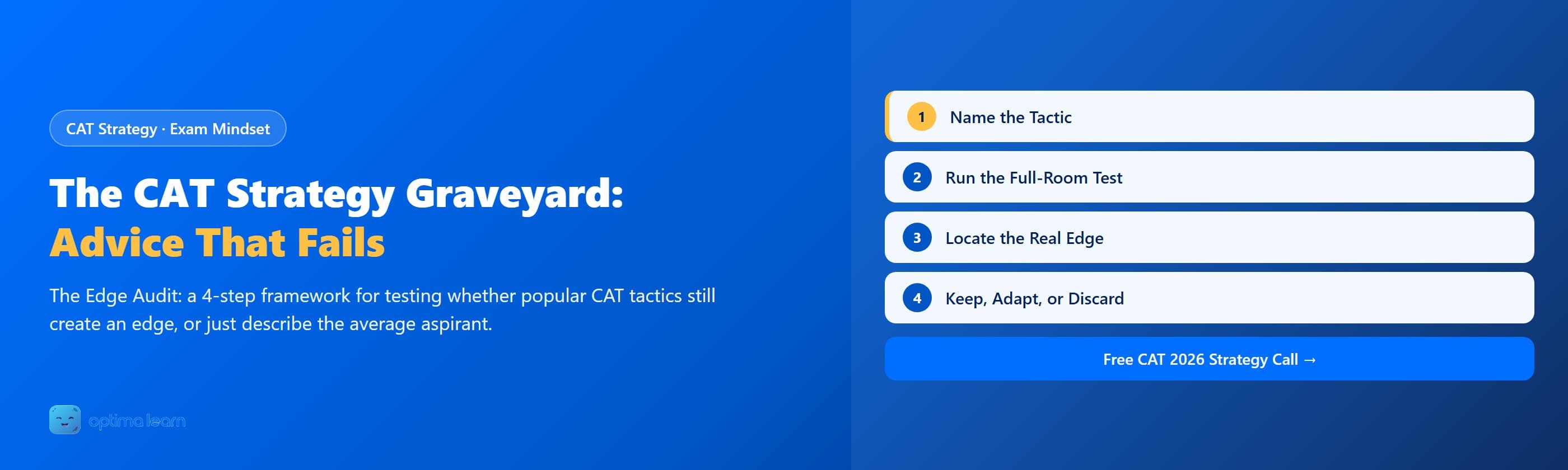 The CAT Strategy Graveyard: brand-blue banner introducing the Edge Audit, a 4-step framework (Name the Tactic, Full-Room Test, Locate the Real Edge, Keep/Adapt/Discard) for testing whether popular CAT strategy advice still helps.