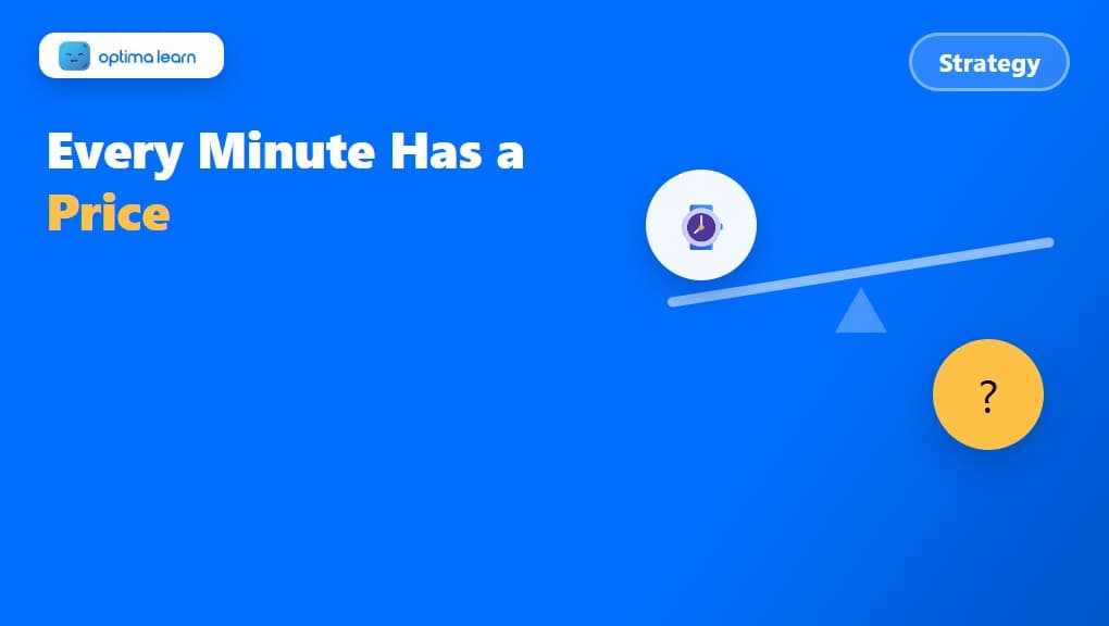 Optima Learn hero graphic for The CAT Opportunity Cost Framework: a compact 340x192 brand-blue banner built as its own visual, using a balance scale/seesaw graphic tilting.