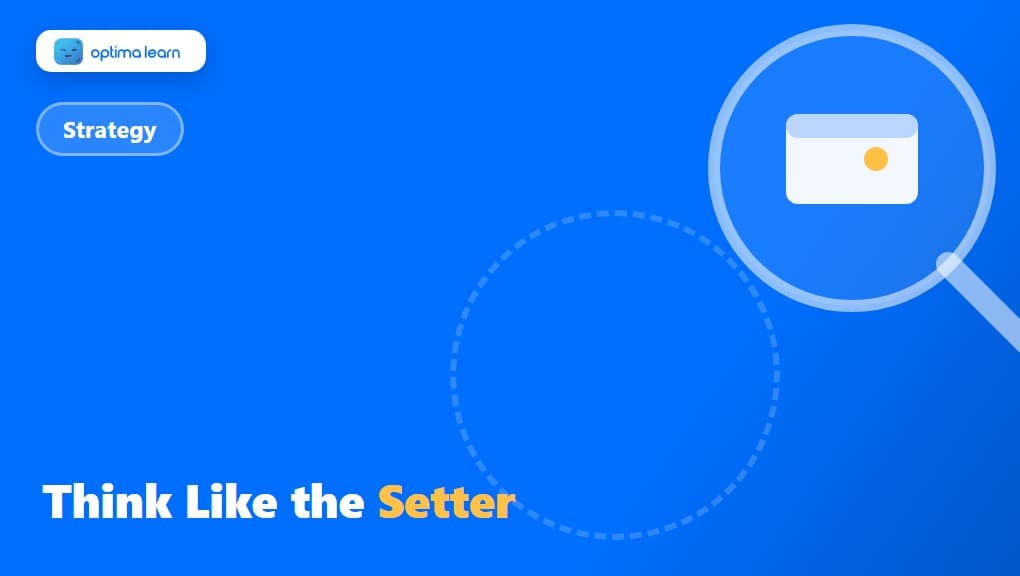 Optima Learn hero graphic for The Exam Setter's Mindset for CAT...: a compact 340x192 brand-blue banner built as its own visual, using a magnifying glass hovering over a small multiple-choice question card.