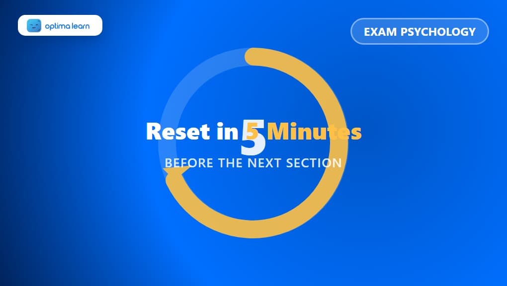 The Science of Recovering After a Terrible Section During CAT: a compact 340x192 brand-blue banner built as its own visual, using a circular refresh/reset arrow icon wrapping around a small countdown '5' at its center, illustrating a quick reset routine.