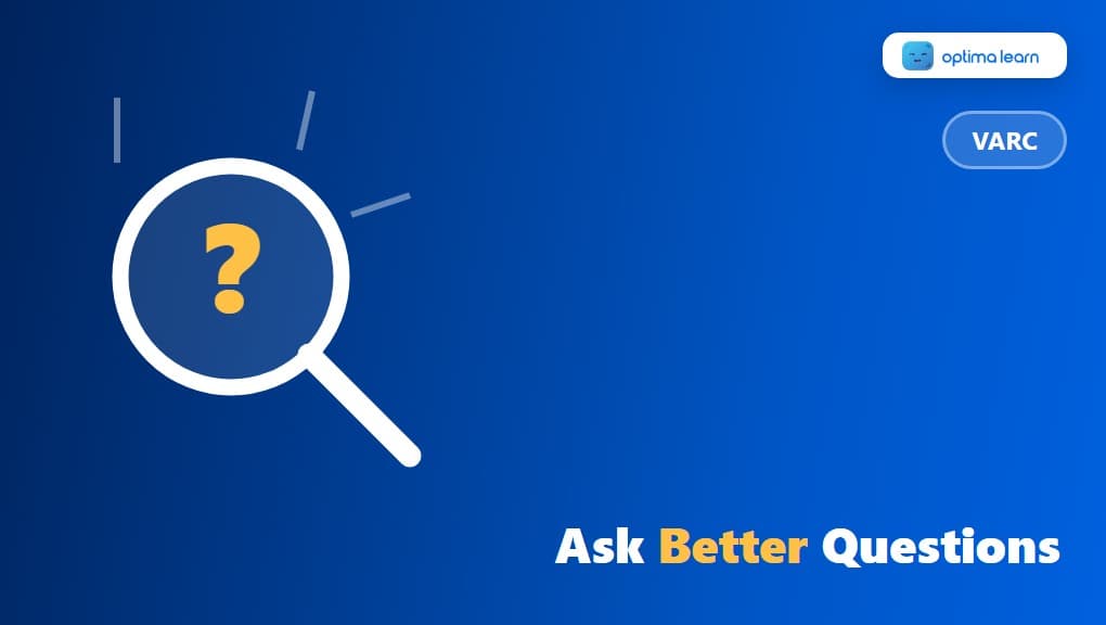 Why Students Who Ask Better Questions Perform Better in VARC: a compact 340x192 brand-blue banner built as its own visual, using a magnifying glass hovering over a glowing question mark with small radiating spark lines, illustrating active curiosity.