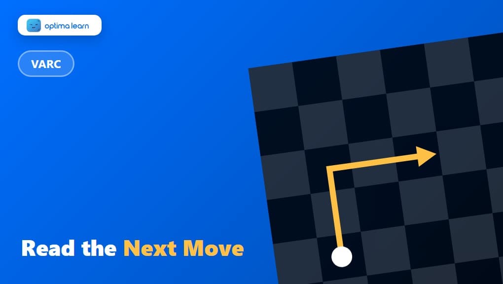 The RC Chessboard: Reading a CAT Passage Like You're Predicting Your Opponent's Next Move: a compact 340x192 brand-blue banner built as its own visual, using a chessboard grid pattern in the corner with a single knight-move arrow (L-shaped)