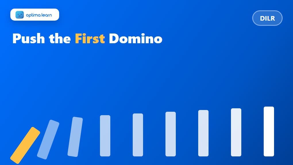 The DILR Domino Theory: Find the First Falling Piece and Let the Entire Set Solve Itself: a compact 340x192 brand-blue banner built as its own visual, using a row of falling dominoes mid-cascade, one piece highlighted amber as the first one pushed.