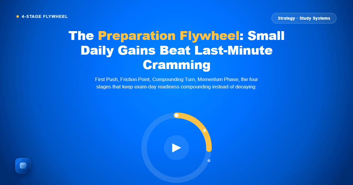 Optima Learn hero image for The Preparation Flywheel, showing a rotating ring widget with an amber progress arc on a brand-blue background, with the Optima Learn logo in the top-left corner.