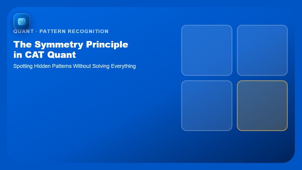 Optima Learn hero image for The Symmetry Principle in CAT Quant, showing a 2x2 pattern matrix with one highlighted quadrant beside the full article title, with the Optima Learn logo on a brand-blue tile in the top-left corner.