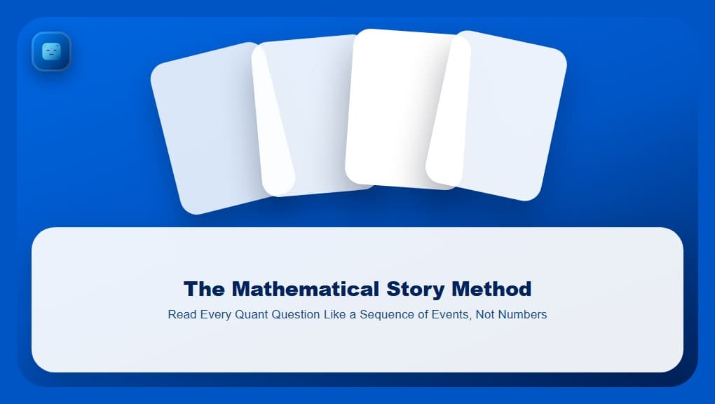 The Mathematical Story Method, showing four fanned playbook cards (character, clock, relationship, question icons) above a frosted glass panel carrying the full article title, with the Optima Learn logo on a brand-blue tile in the top-left corner.