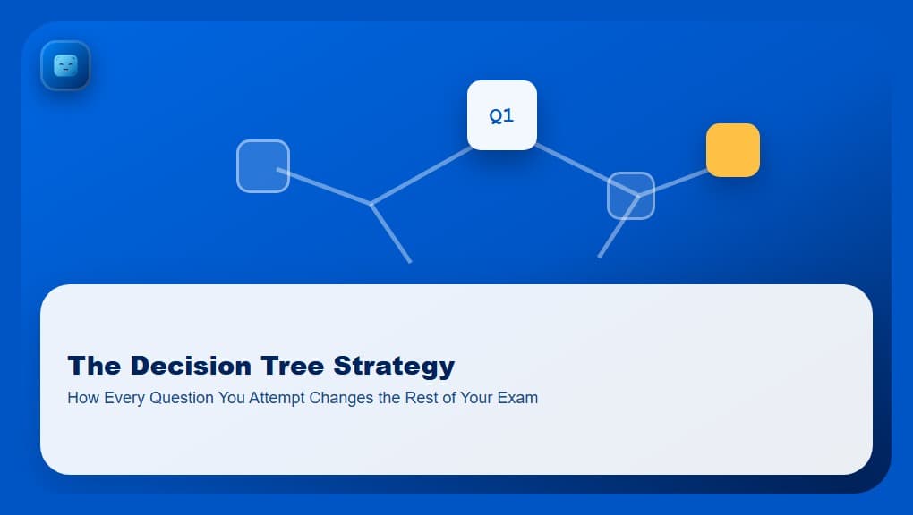 The Decision Tree Strategy, showing a branching decision-tree diagram (Q1 branching into Skip, Guess, and Attempt nodes) above a frosted glass panel carrying the full article title, with the Optima Learn logo on a brand-blue tile in the top-left corner.