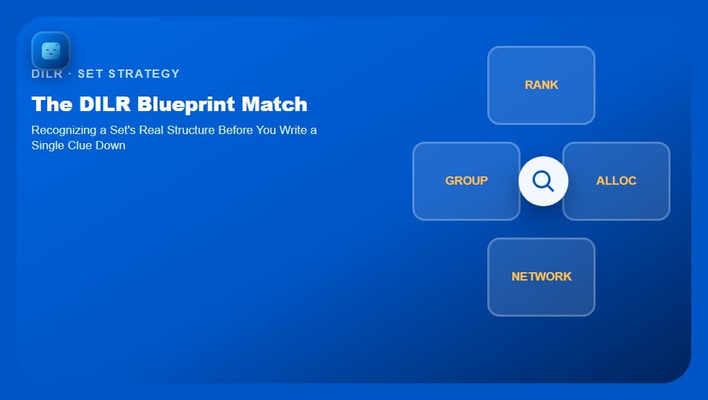 The DILR Blueprint Match, showing four archetype tiles (Rank, Group, Alloc, Network) radiating around a central magnifying-glass icon beside the full article title, with the Optima Learn logo on a brand-blue tile in the top-left corner.