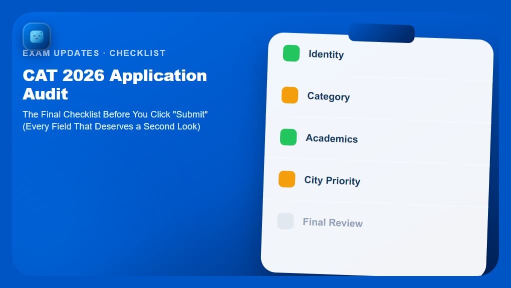 CAT 2026 Application Audit, showing a clipboard checklist with five field checks in mixed checked and flagged states, beside the full article title, with the Optima Learn logo on a brand-blue tile in the top-left corner