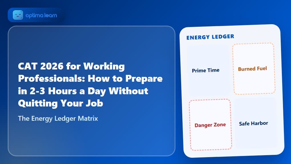 The Energy Ledger Matrix framework card showing four energy-and-task quadrants, Prime Time, Burned Fuel, Danger Zone, and Safe Harbor, beside the CAT 2026 working professionals study guide title