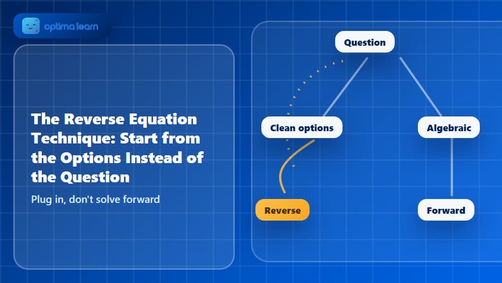 A branching decision tree with a reversed arrow looping from an Options chip back to a Question chip, illustrating the Reverse Equation Technique