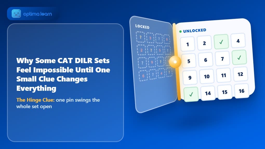 A locked puzzle grid swinging open on a glowing hinge pin, illustrating the Hinge Clue for difficult DILR sets.