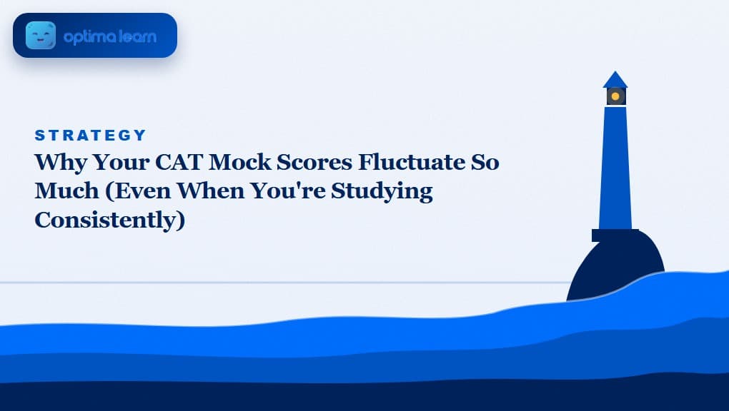 Optima Learn editorial illustration for Why Your CAT Mock Scores Fluctuate So Much: a small lighthouse standing firm on a rock as layered blue tide waves rise and fall around it, a non-literal metaphor for staying grounded through natural fluctuation.
