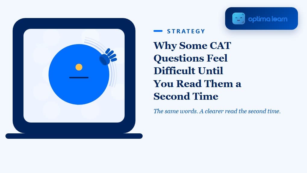 Optima Learn editorial illustration for Why Some CAT Questions Feel Difficult Until You Read Them a Second Time: a hand wiping a clear circular porthole through fog on a window pane, revealing a small sun and horizon beyond.