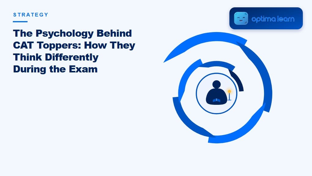 Optima Learn editorial illustration for The Psychology Behind CAT Toppers: a calm illustrated figure reading inside a still, light-toned circle at the center of a spiraling brand-blue wind vortex.
