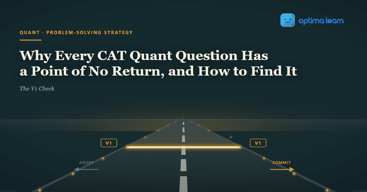 A dawn runway receding to the horizon with a glowing amber V1 bar across it, marking the point of no return in a CAT Quant question
