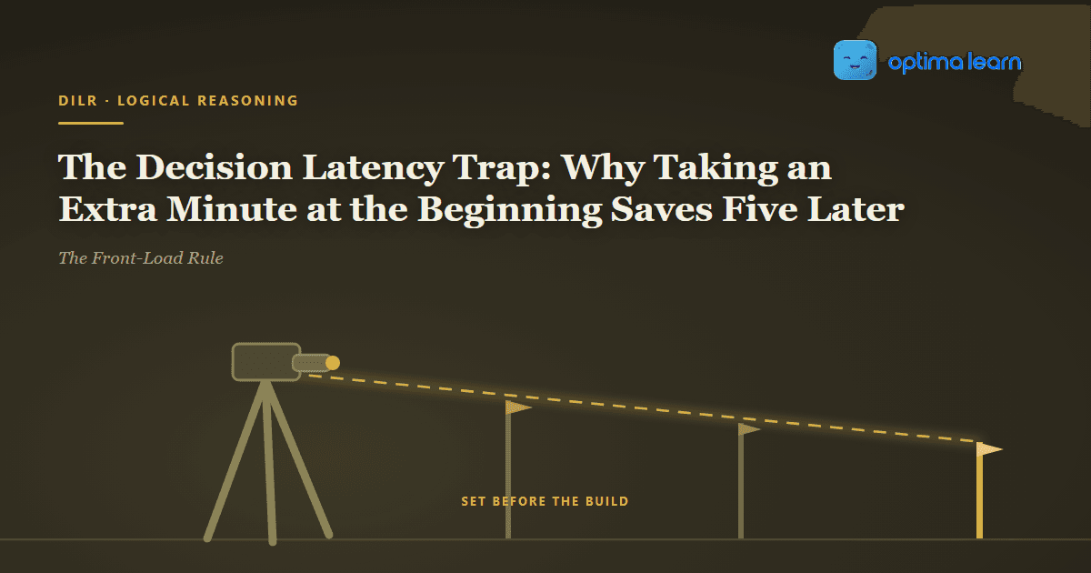 A surveyor's tripod on olive ground with a gold dashed sight line running out to three marker stakes set before any building begins