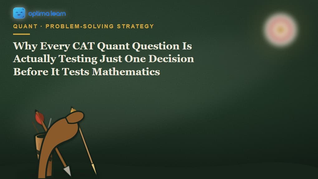 A hand entering the frame from below, gripping a leather quiver strap beside two distinctly different arrows, one broad-tipped, one needle-fine, illustrating The First Fork framework for the one decision every CAT Quant question