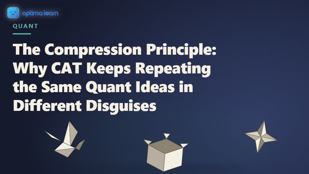 A single sheet of paper mid-transformation into three overlapping origami fold-states, its crease pattern still visible through each form, illustrating The Compression Principle's four disguises CAT uses to make the same quant ideas look new.