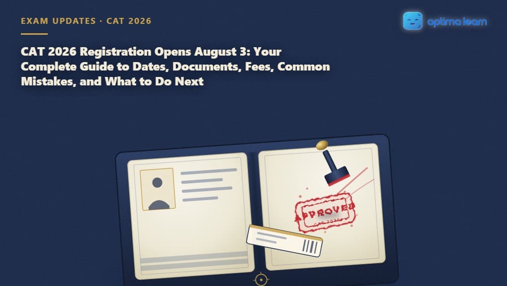 A passport open to a visa page, a rubber stamp mid-impact stamping a fresh "APPROVED CAT 2026" mark across it, a boarding pass tucked into the fold, illustrating The Registration Sequence framework for completing CAT 2026 registration.