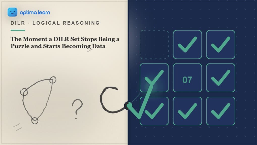 A hand-sketched loose tangle of connecting lines and question marks on one side, mid-transformation into a crisp grid of navy data cells and mint checkmarks on the other, for the moment a DILR set stops being a puzzle and starts becoming data