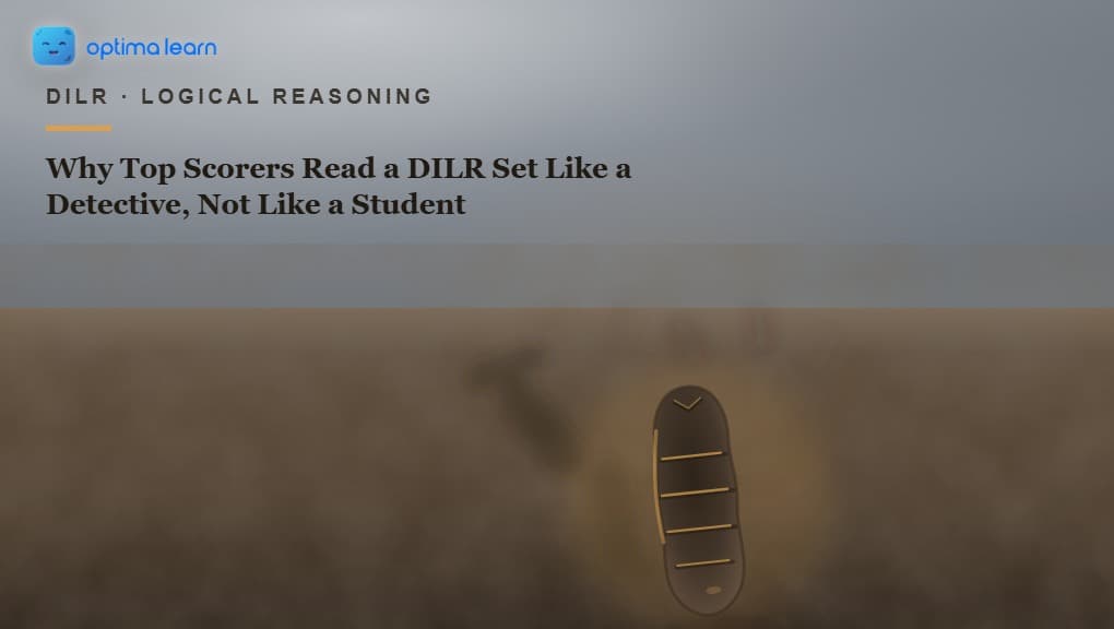 A stretch of muddy ground covered in overlapping, blurred, confusing footprint trails, except one single footprint rendered in sharp, illustrating The Evidence-First Method for reading a DILR set like a detective instead of a student.