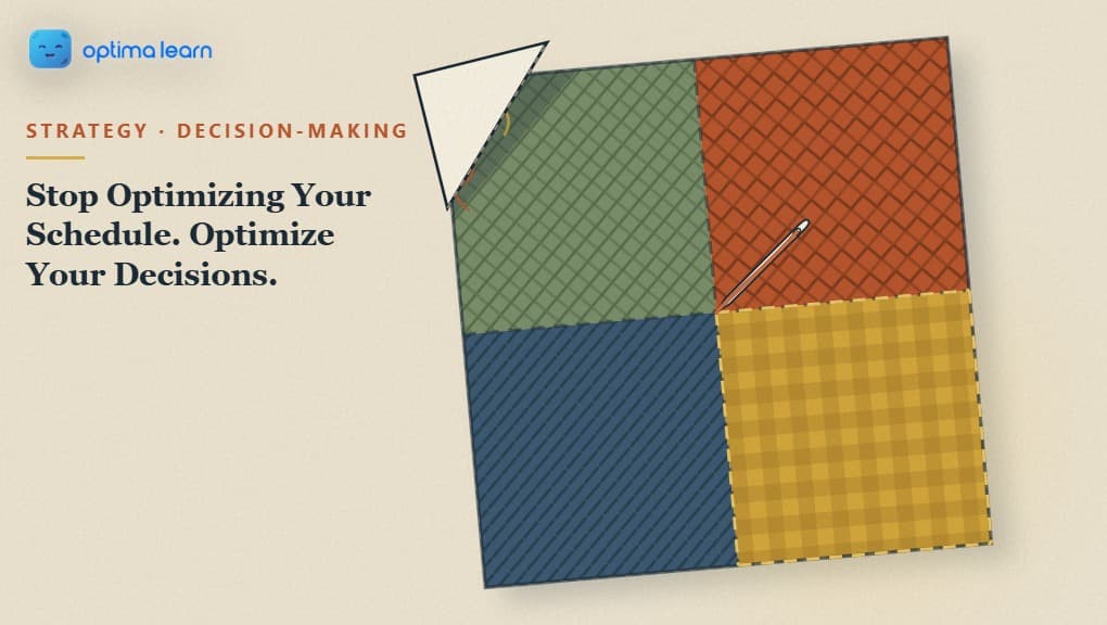 A hand-stitched patchwork quilt divided into four distinct fabric-pattern quadrants, a needle mid-stitch through the seam where they meet, one quadrant glowing as freshly sewn, illustrating The Decision Leverage Matrix
