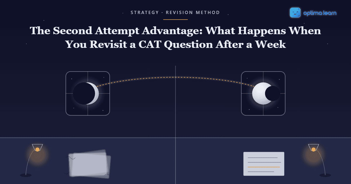 The same desk scene shown twice under a waning and a waxing moon, joined by a glowing thread.