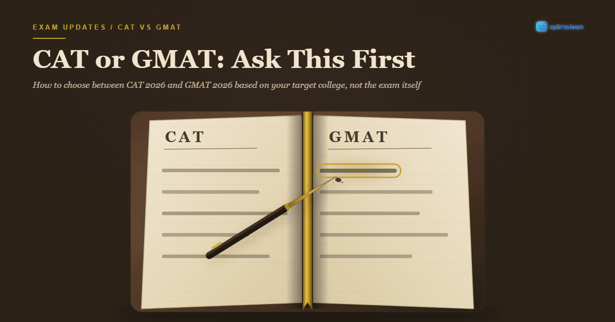 An open ledger with a CAT list on one page and a GMAT list on the other, a fountain pen pointing at one name circled in gold.