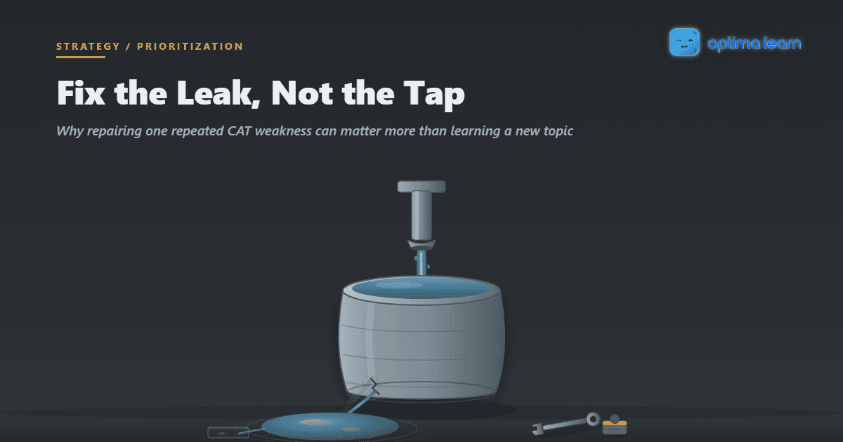 A bucket being filled from a tap above while it leaks from a crack near its base, a wrench and patch kit set aside unused.