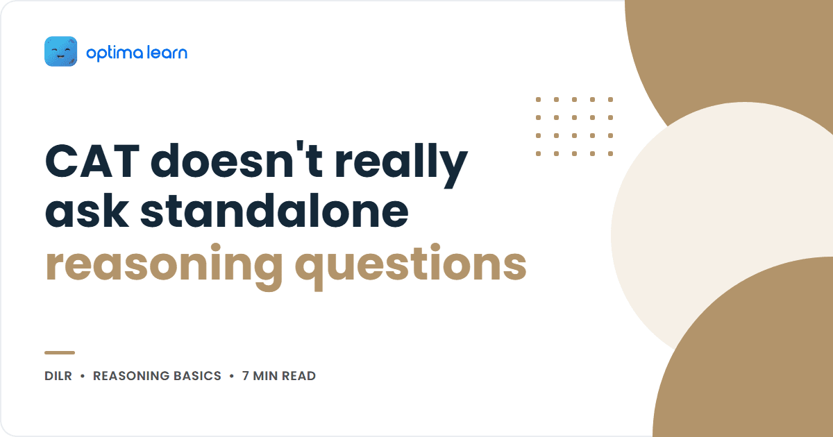 Optima Learn cover graphic for the article "CAT doesn't really ask standalone reasoning questions", showing the title beside an abstract sand colored wave and dot-grid design