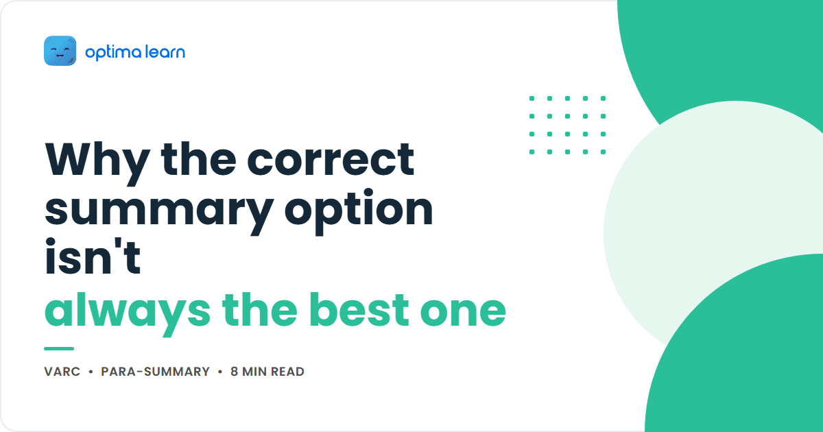 Optima Learn cover graphic for the article "Why the correct summary option isn't always the best one", showing the title beside an abstract mint green wave and dot-grid design