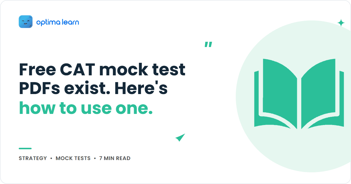 Optima Learn cover graphic for the article "Free CAT mock test PDFs exist. Here's how to use one.", showing the title beside an open book icon inside a soft mint circle
