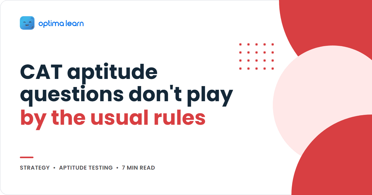 Optima Learn cover graphic for the article "CAT aptitude questions don't play by the usual rules", showing the title beside an abstract red wave and dot-grid design