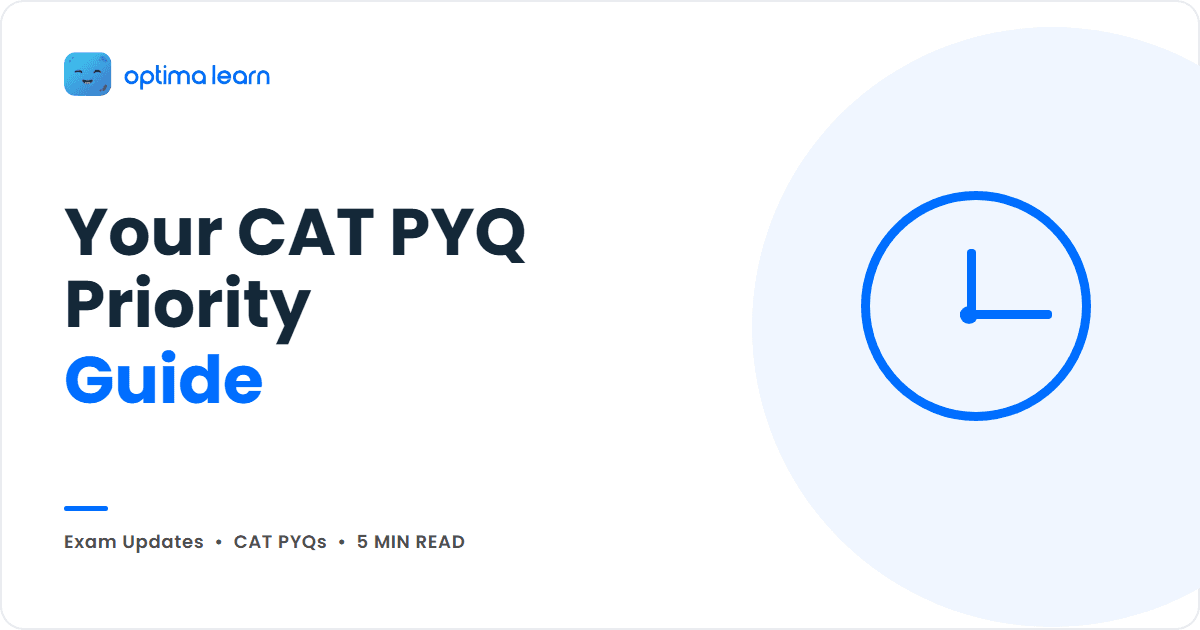 Blue Optima Learn cover for Your CAT PYQ Priority Guide, showing a circular clock icon and the Optima Learn logo.