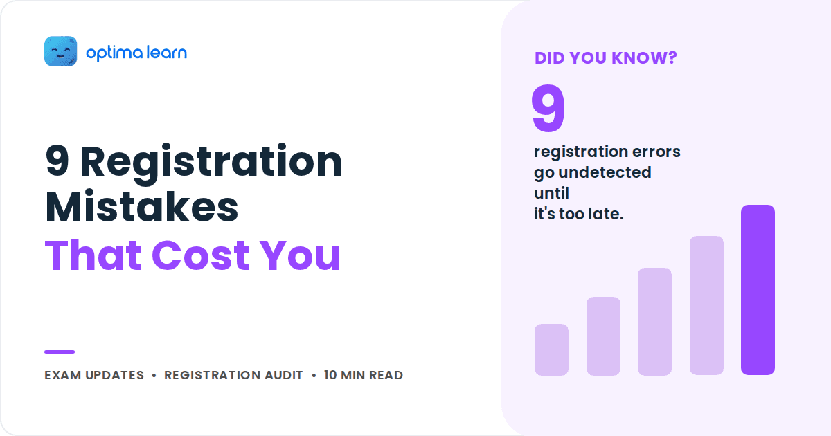 Cover graphic with stat panel showing 9, headline 9 Registration Mistakes That Cost You, and an ascending purple bar chart