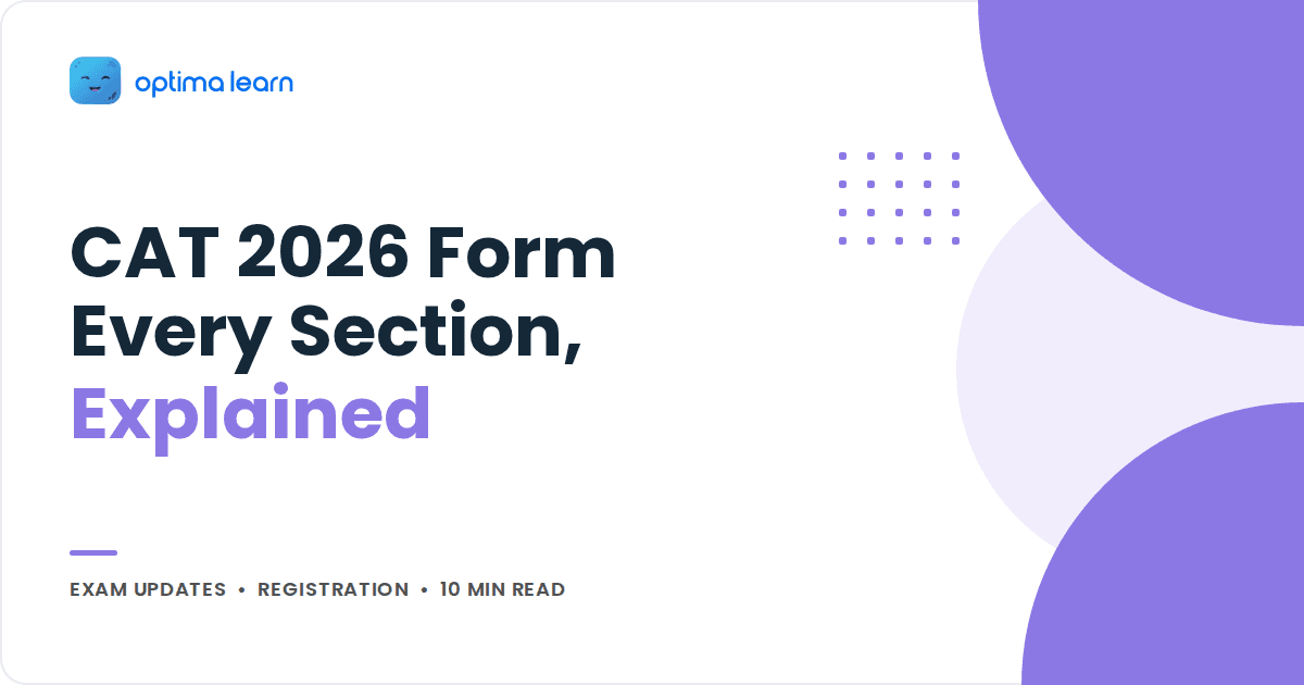CAT 2026 application form blog cover with lavender accent circles and the Optima Learn logo
