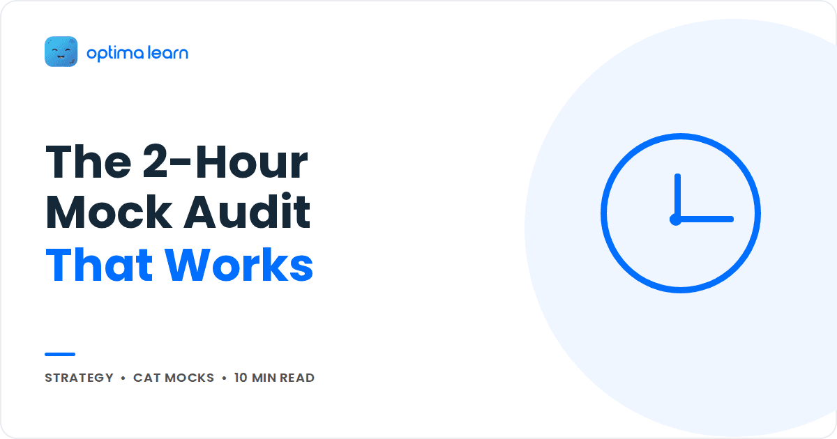 Blue blog cover with a clock icon and the headline The 2-Hour Mock Audit That Works, Strategy, CAT Mocks, 10 min read.