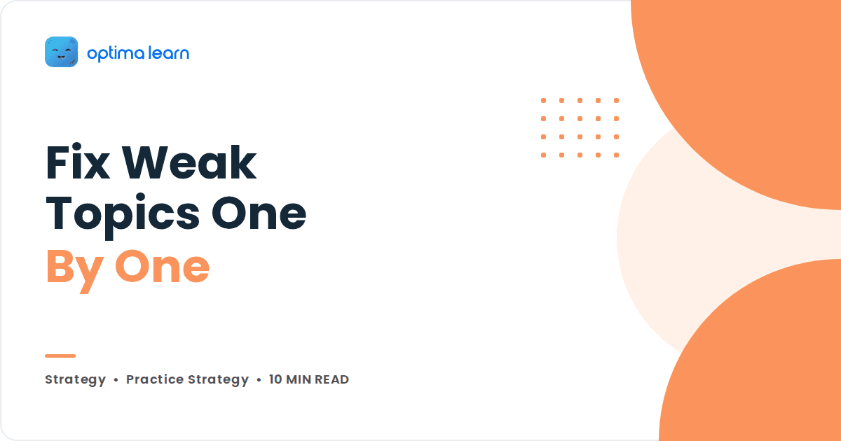 Peach cover graphic with layered blob shapes, the headline Fix Weak Topics One By One, and a Strategy category label