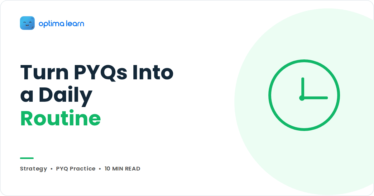 Green CAT blog cover reading Turn PYQs Into a Daily Routine, with a large outlined clock icon