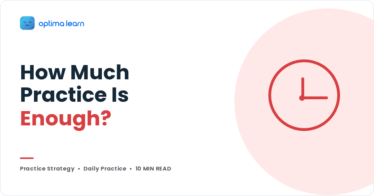 Optima Learn cover: clock icon, headline How Much Practice Is Enough, tagged Practice Strategy, 10 min read