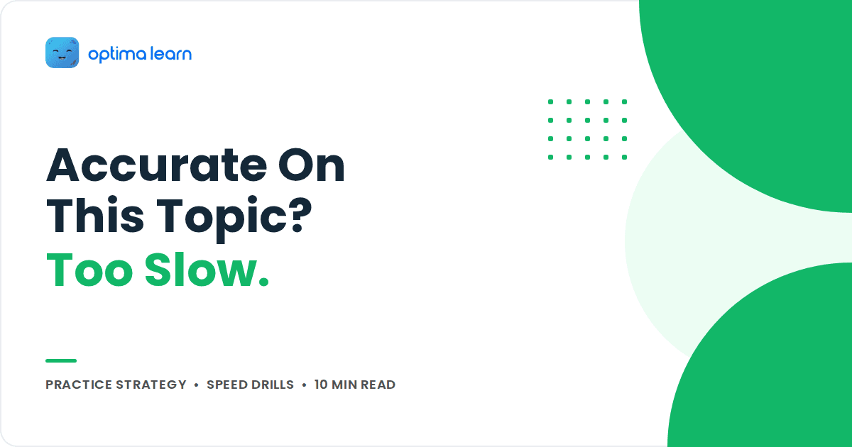 Optima Learn cover: 'Accurate On This Topic? Too Slow.' headline over green circles and a dot grid.