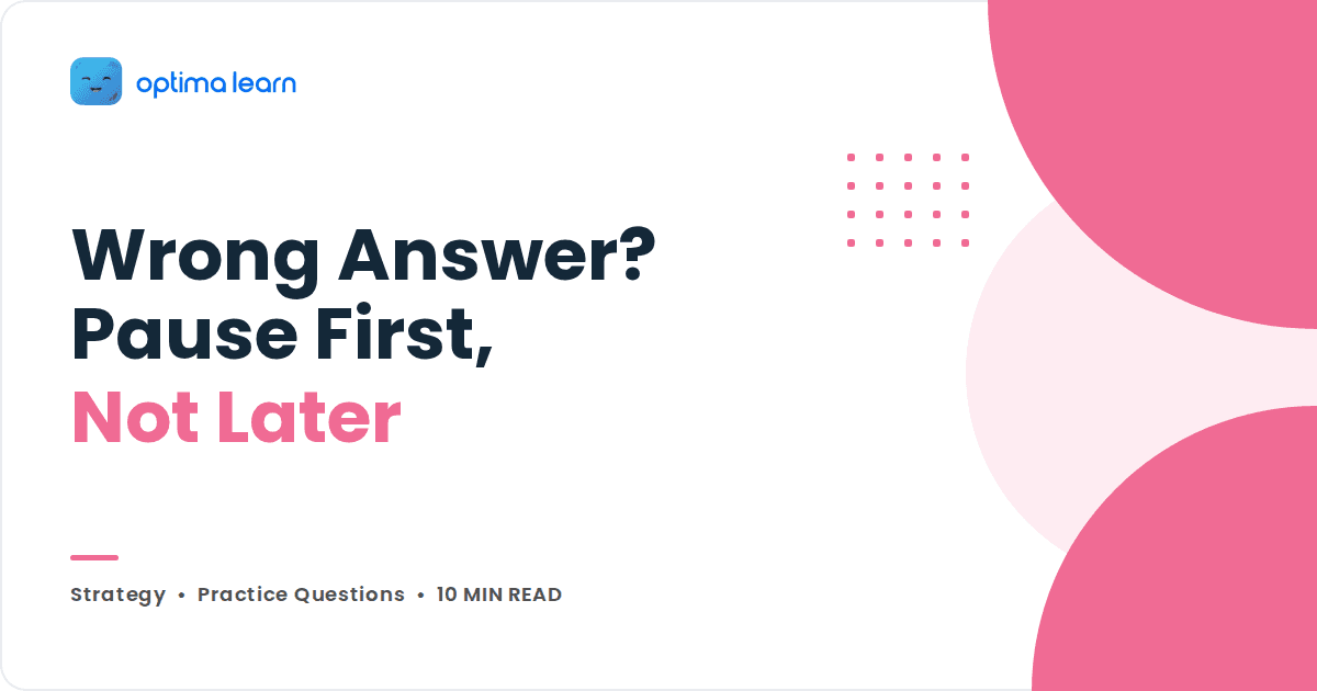 Blush pink Optima Learn cover reading Wrong Answer, Pause First, Not Later, with a Strategy tag and 10 minute read label.