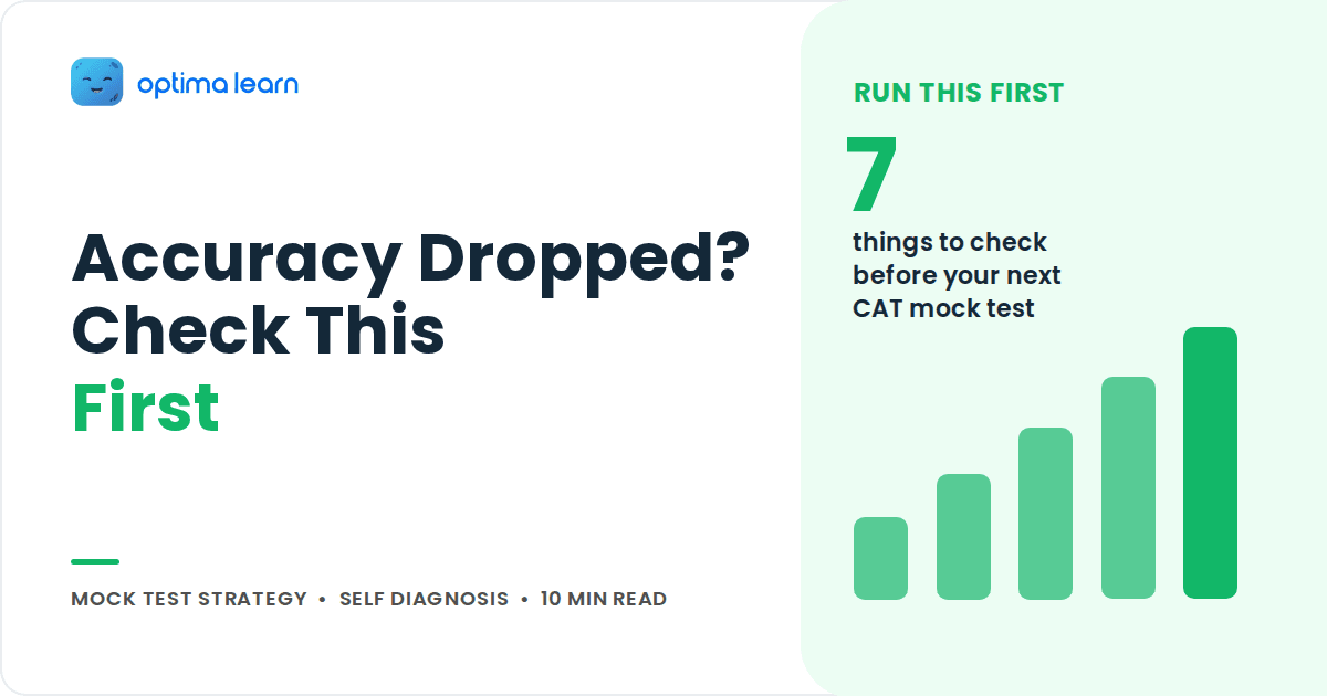 Optima Learn blog cover reading Accuracy Dropped, Check This First, with the number 7 in a green stat panel and bar chart.