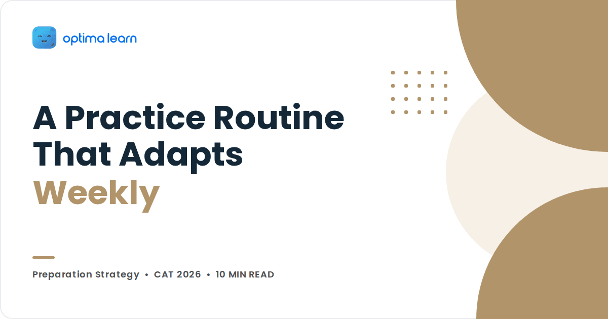 Optima Learn cover graphic reading A Practice Routine That Adapts Weekly, tagged Preparation Strategy, CAT 2026, 10 min read